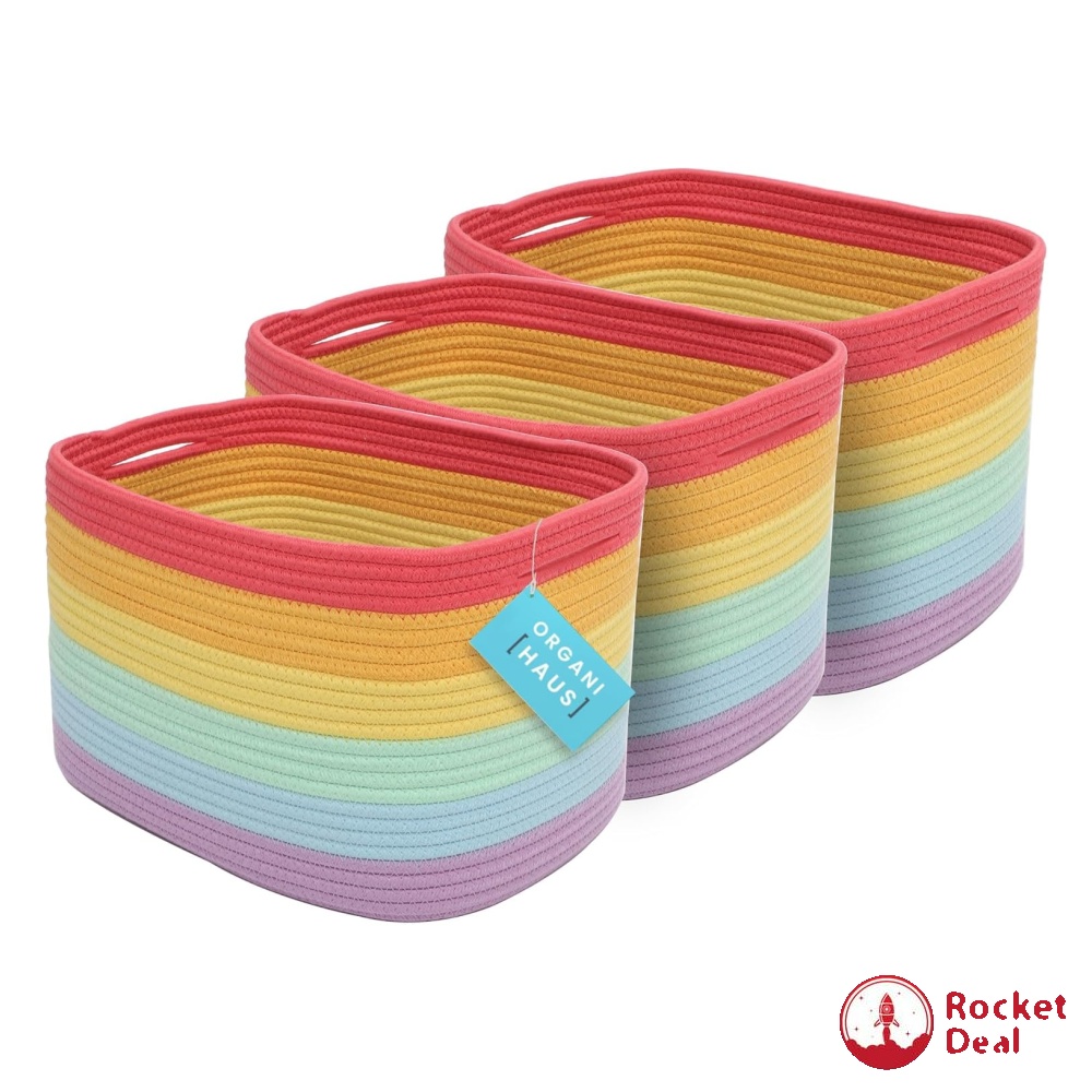 OrganiHaus Set of 3 Cute Rainbow Storage Basket for Toys Cloths Cotton Rope Basket for Decor Shoe Basket Organizers Storage Decorative Storage Baskets Bins Woven