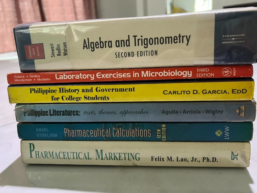 PHARMACY TEXTBOOKS (Category: Textbooks) located in Caloocan City. Submitted by jiniwu93 (Listing ID 1321697296, Image 1). Description: TEXTBOOKS!!! *ALGEBRA AND TRIGONOMETRY (2nd Edition) Stewart - Php 180 *LABORATORY EXERCISES IN MICROBIOLOGY (3rd Edition) - Php 80 *PHILIPPINE HISTORY AND GOVERNMENT FOR COLLEGE STUDENTS (Carlito D. Garcia, EDD) - Php 80 *PHILIPPINE LITERATURES: Texts, Themes, Approaches (Aguila, Arriola, Wigley) - Php 100 *PHAR