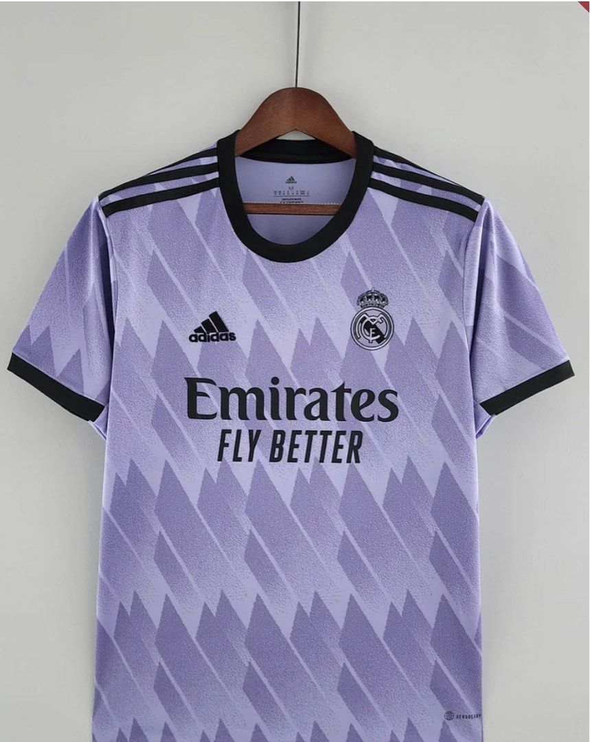 Real Madrid 2022/2023 Purple Away Jersey (Category: Activewear) located in Singapore. Submitted by jerseysyouneed (Listing ID 1321689332, Image 1). Description: Negotiations possible Brand new; not even used once, will order newly from vendor for each order(authentic replica: vendors from Dubai), with packaging Any size possible With/without longs sleeve With/without name number.