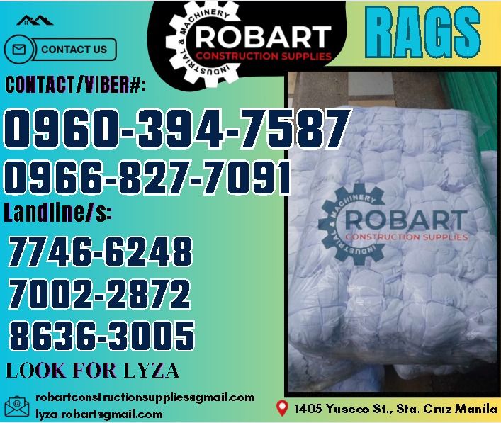 Round Rags (Category: Construction Tools & Equipment) located in Manila. Submitted by lyzarobart1999 (Listing ID 1321690897, Image 1). Description: Round Rags Color: White 𝑹𝑶𝑩𝑨𝑹𝑻 𝑪𝑶𝑵𝑺𝑻𝑹𝑼𝑪𝑻𝑰𝑶𝑵 𝑺𝑼𝑷𝑷𝑳𝑰𝑬𝑺 𝒪𝒻𝒻𝒾𝒸𝑒 𝒜𝒹𝒹𝓇𝑒𝓈𝓈: 𝟣𝟦𝟢𝟧 𝒴𝓊𝓈𝑒𝒸𝑜 𝒮𝓉. 𝒮𝓉𝒶 𝒞𝓇𝓊𝓏 𝑀𝒶𝓃𝒾𝓁𝒶 ꜱᴇɴᴅ ᴜꜱ ᴍᴇꜱꜱᴀɢᴇ ꜰᴏʀ ɪɴQᴜɪʀɪᴇꜱ ‼️ ‼️ ɢʟᴏʙᴇ: (0966-827-7091) ꜱᴍʀᴛ - (0960-394-7587) ᴠɪʙʀ - (0960-394-7587) ʟᴀɴᴅʟɪɴᴇ: (8636-ʟᴏᴏᴋ ꜰᴏʀ ʟʏᴢᴀ -8