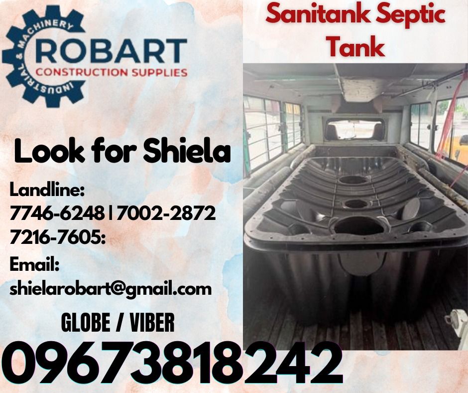 Sanitank Septic Tank (Category: Construction Tools & Equipment) located in Caloocan City. Submitted by shielaroba44709 (Listing ID 1321762869, Image 1). Description: Sanitank Septic Tank model: SNSP1000 Size: 1000L 𝑹𝑶𝑩𝑨𝑹𝑻 𝑪𝑶𝑵𝑺𝑻𝑹𝑼𝑪𝑻𝑰𝑶𝑵 𝑺𝑼𝑷𝑷𝑳𝑰𝑬𝑺 Office Address: 1405 Yuseco St. Sta Cruz Manila SEND US MESSAGE FOR INQUIRIES ‼️ ‼️ Call: 09673818242 / 09662708845 Vibr - (09673818242) Landline: (𝟩𝟩𝟦𝟨-𝟨𝟤𝟦𝟪) / (𝟩𝟢𝟢𝟤-�