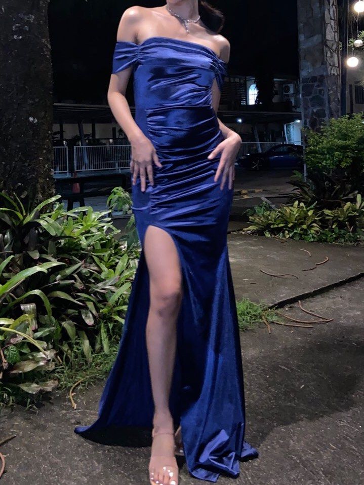 SHEIN Blue Satin Prom Dress Long Gown Off Shoulder Split Thigh, Women's  Fashion, Dresses & Sets, Evening dresses & gowns on Carousell