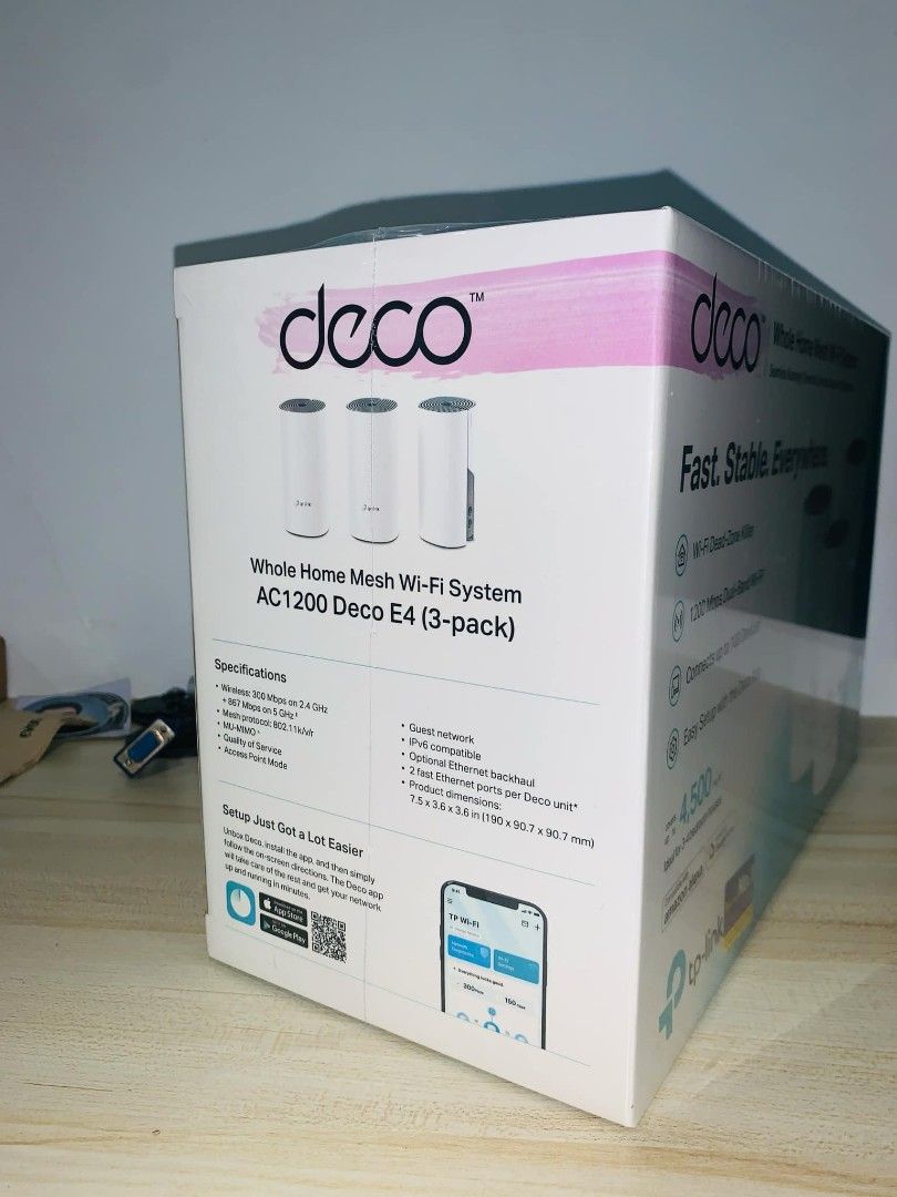 TP-Link Deco E4 AC1200 Whole Home Mesh WiFi System 3PACK (Category: Networking) located in Makati City. Submitted by slaccessoriesshop (Listing ID 1321777259, Image 3). Description: TP-Link Deco E4 AC1200 Whole Home Mesh WiFi System 3PACK 💥 ELECTRONICS, COMPUTER ACCESSORIES AND APPLIANCES 💥 All Items - Original / Brand New / Sealed We issue SALES INVOICE With WARRANTY RECEIPT With TECHNICAL SUPPORT Accepting BULK ORDERS We are OPEN EVERYDAY ! S