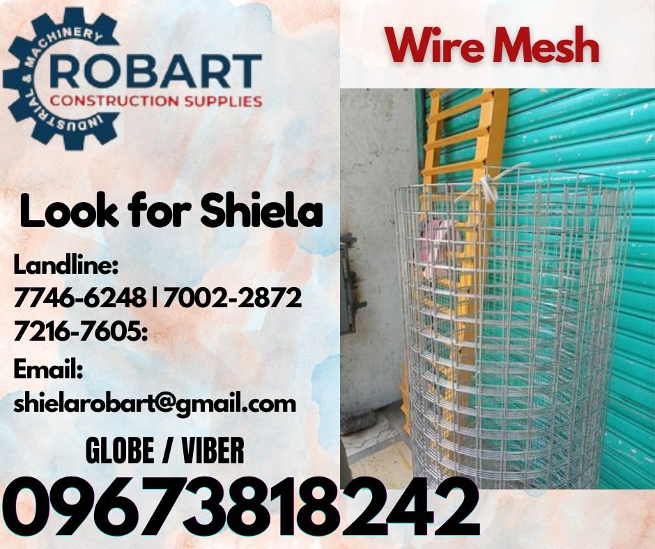 Wire Mesh (Category: Construction Tools & Equipment) located in Caloocan City. Submitted by shielaroba44709 (Listing ID 1321765524, Image 1). Description: Wire Mesh 2" x 2" (Butas) 4ft (ang lapad) 3mm (wire diameter) per ft 𝑹𝑶𝑩𝑨𝑹𝑻 𝑪𝑶𝑵𝑺𝑻𝑹𝑼𝑪𝑻𝑰𝑶𝑵 𝑺𝑼𝑷𝑷𝑳𝑰𝑬𝑺 Office Address: 1405 Yuseco St. Sta Cruz Manila SEND US MESSAGE FOR INQUIRIES ‼️ ‼️ Call: 09673818242 / 09662708845 Vibr - (09673818242) Landline: (𝟩𝟩𝟦𝟨-𝟨𝟤𝟦𝟪) / (�