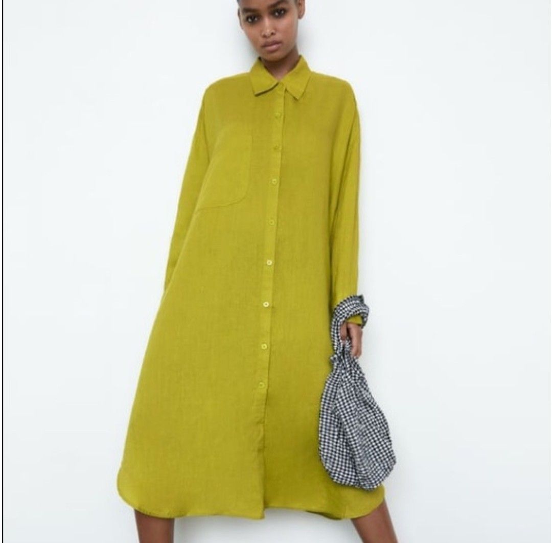 ZARA LIME GREEN OVERSIZED LONG LINEN BUTTON DOWN MIDI DRESS CFZARALIME,  Women's Fashion, Dresses & Sets, Dresses on Carousell