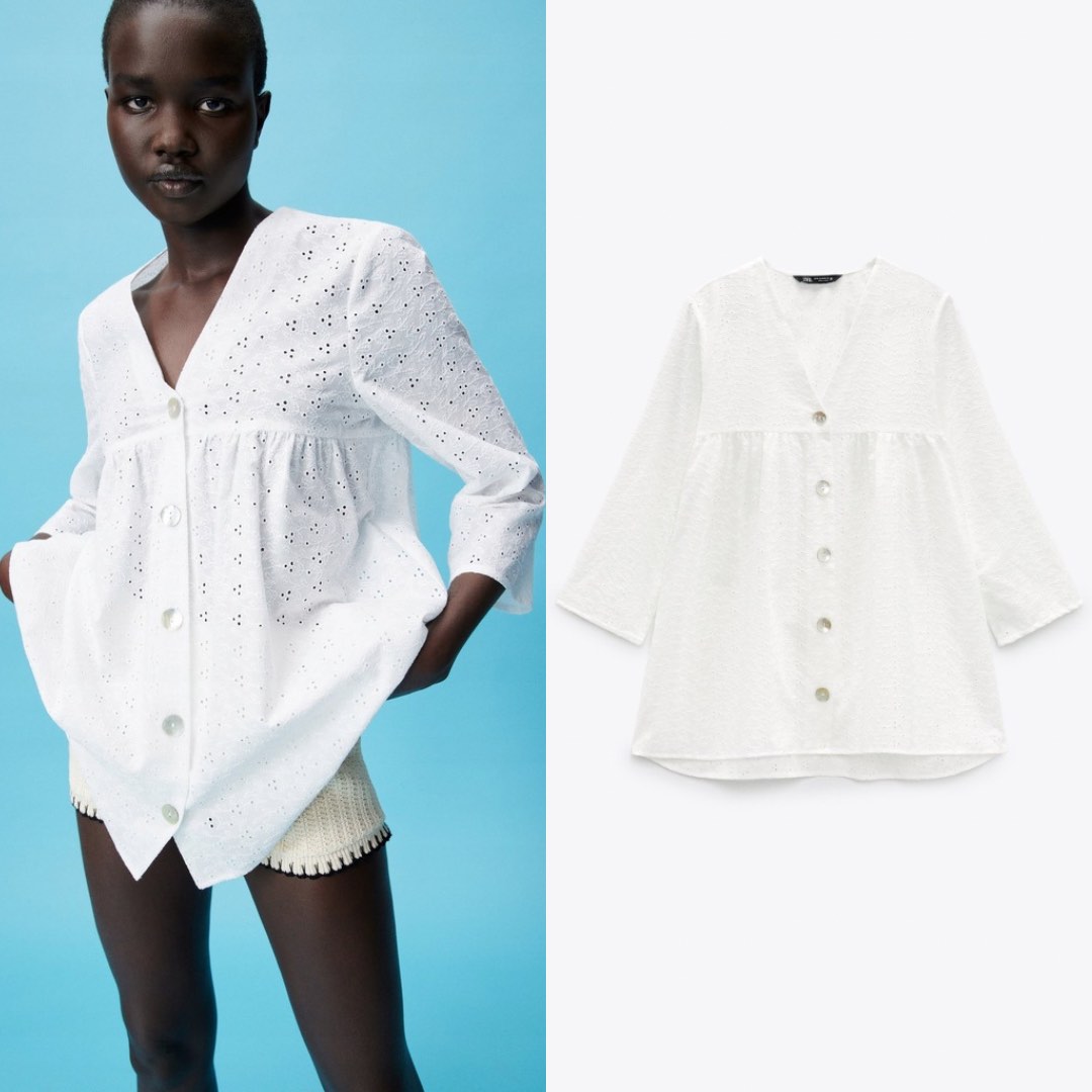 ZARA OVERSIZE BLOUSE WITH CUTWORK EMBROIDERY Women s Fashion Tops Blouses on Carousell