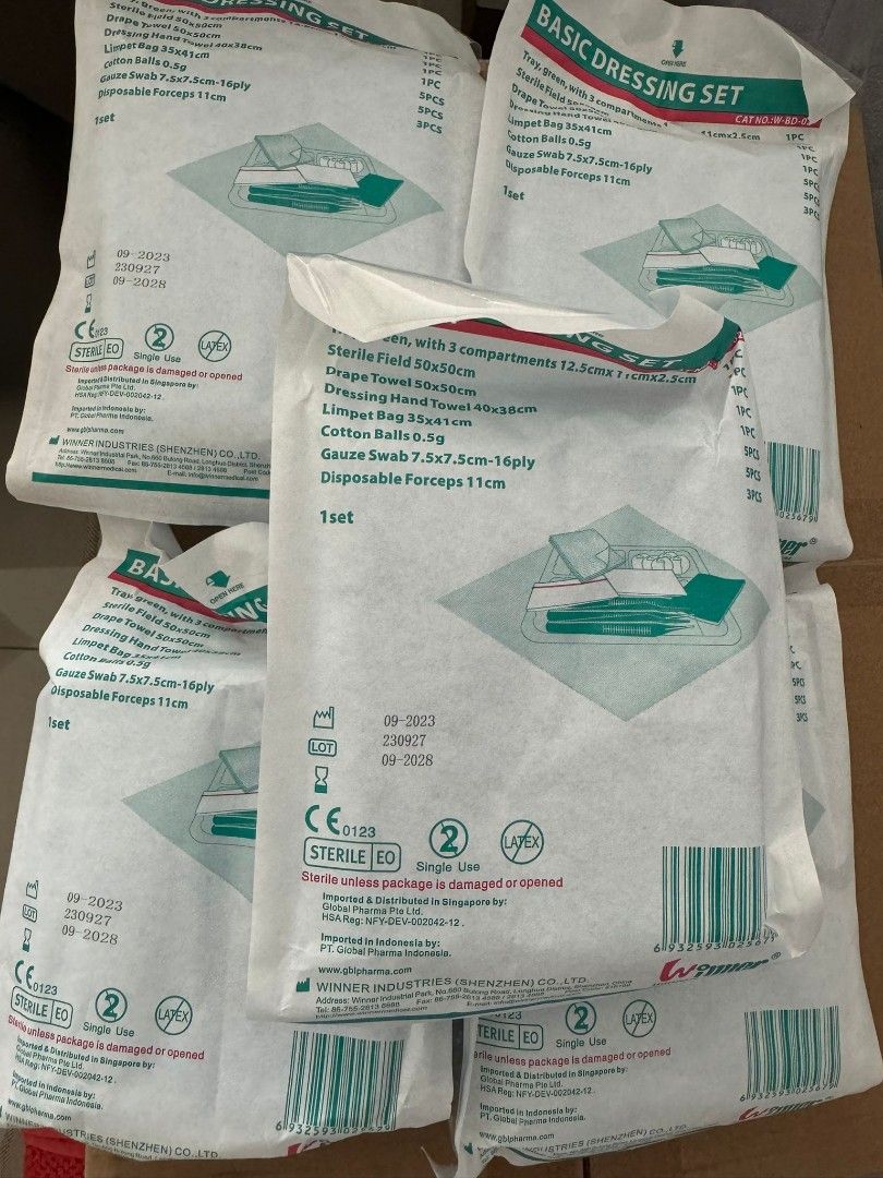 Basic Dressing Set (Category: Medical Supplies & Tools) located in Singapore. Submitted by simplygo_store (Listing ID 1321895901, Image 3). Description: Winner Medical Basic Dressing Set - 5 sets (EXP 09-2028).