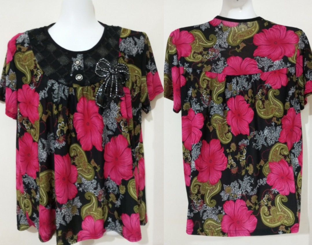 Blouse cewek atasan stretch kaos lengan pendek blus wanita import vintage  pakaian resmi baju santai bahan melar adem murah motif bunga floral hiasan 