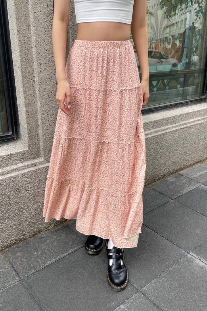 brandy melville izzy floral skirt john galt tiered nadia cara maxi midi baby pink pastel white