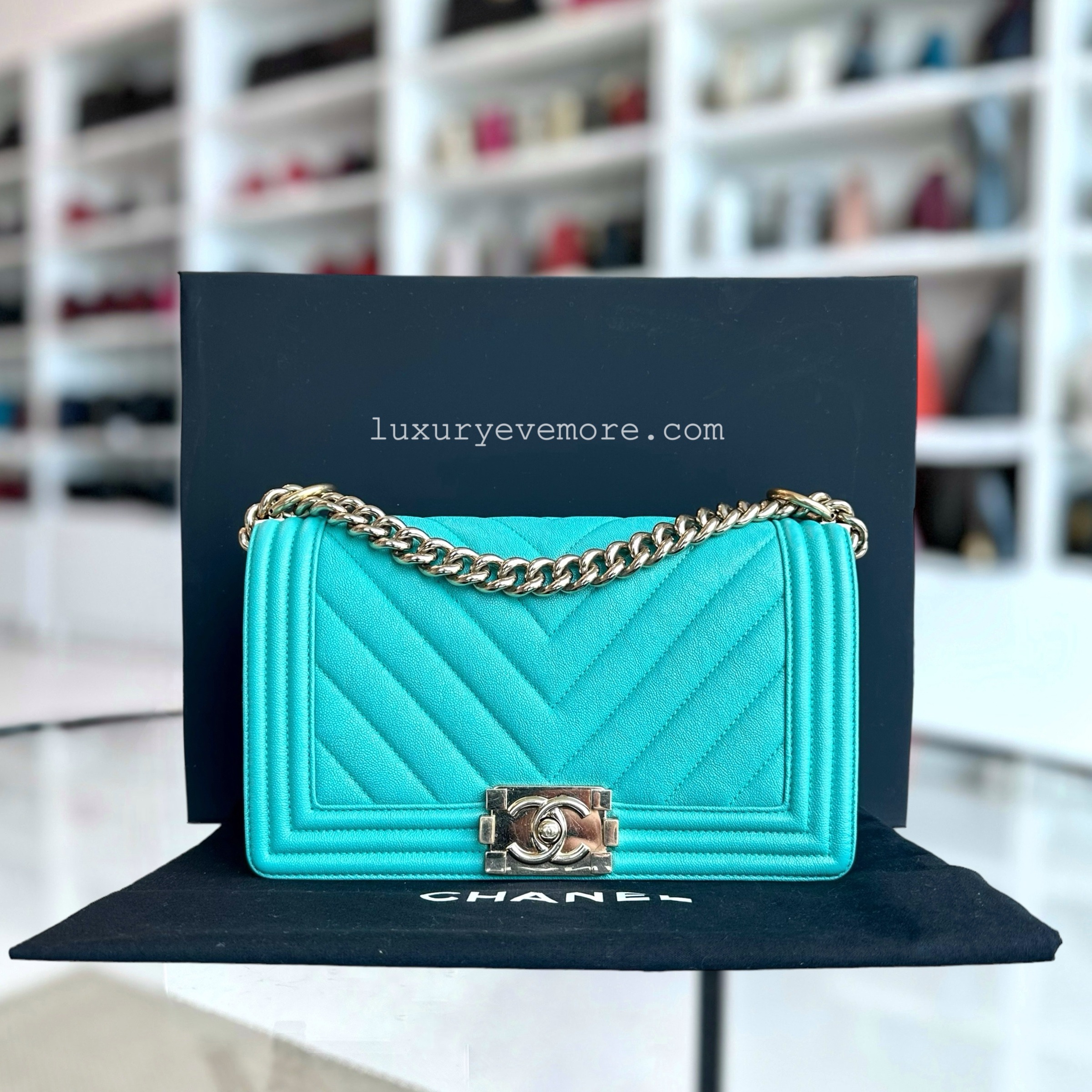 Chanel Caviar Boy Old Medium 25CM Chevron Grained Calfskin Cyan Green Blue Light Golden Hardware Series 27 Luxury Bags Wallets on Carousell