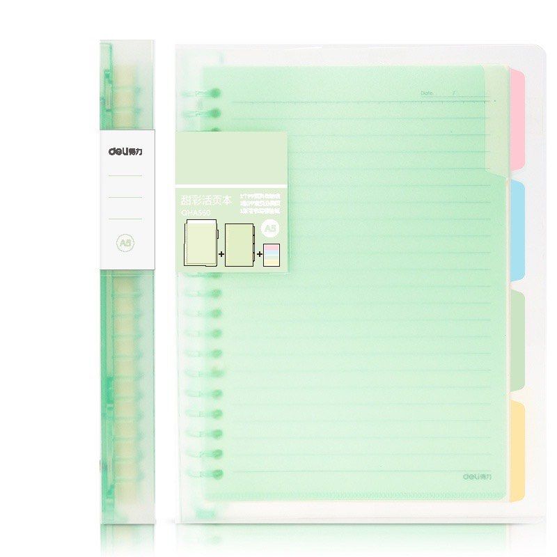DELI A5 Binder Notebook with 60 Sheets (Blue and Green (Category: Stationery & School Supplies) located in Manila. Submitted by essentials.mnl (Listing ID 1321980683, Image 2). Description: rfs: double order bought at 200 buy 1 at 150 buy both for 130 each.