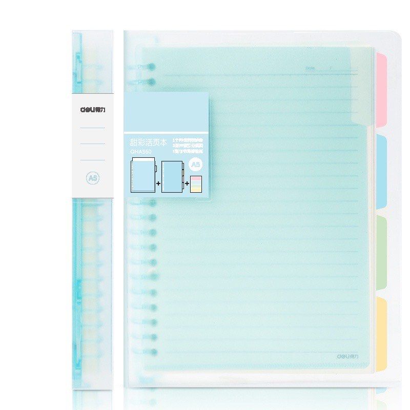 DELI A5 Binder Notebook with 60 Sheets (Blue and Green (Category: Stationery & School Supplies) located in Manila. Submitted by essentials.mnl (Listing ID 1321980683, Image 1). Description: rfs: double order bought at 200 buy 1 at 150 buy both for 130 each.