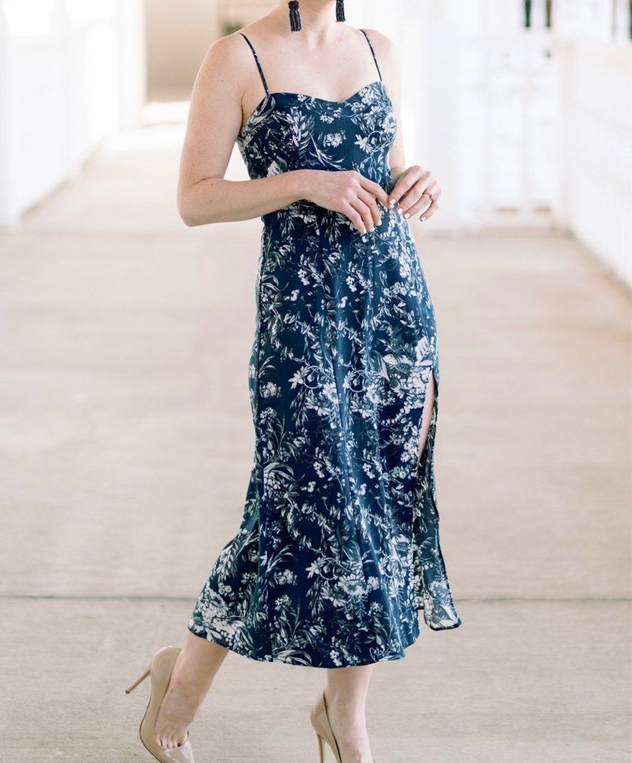 Floral Blue Midi Dress (Category: Dresses) located in Muntinlupa City. Submitted by bznic (Listing ID 1321921326, Image 2). Description: Adjustable straps. High slit. Great condition. Only worn a few times Reformation Araw the Line Aritza Zara Mango H&M Uniqlo.