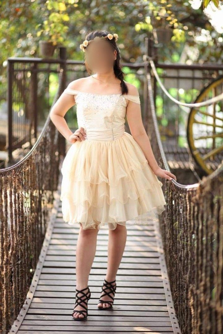 FOR RENT CREAM BEIGE OFF SHOULDER RUFFLE LAYERED A LINE COCKTAIL DRESS Women s Fashion Dresses Sets Evening dresses gowns on Carousell