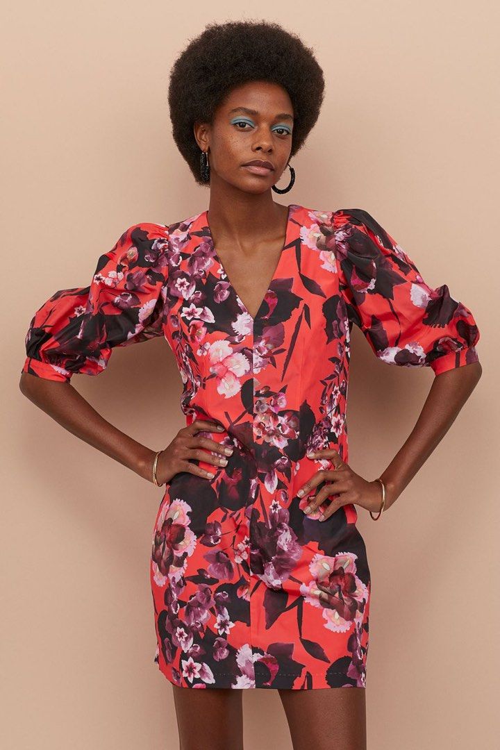 H M Red Floral Puff HS Dress Women s Fashion Dresses Sets Dresses on Carousell