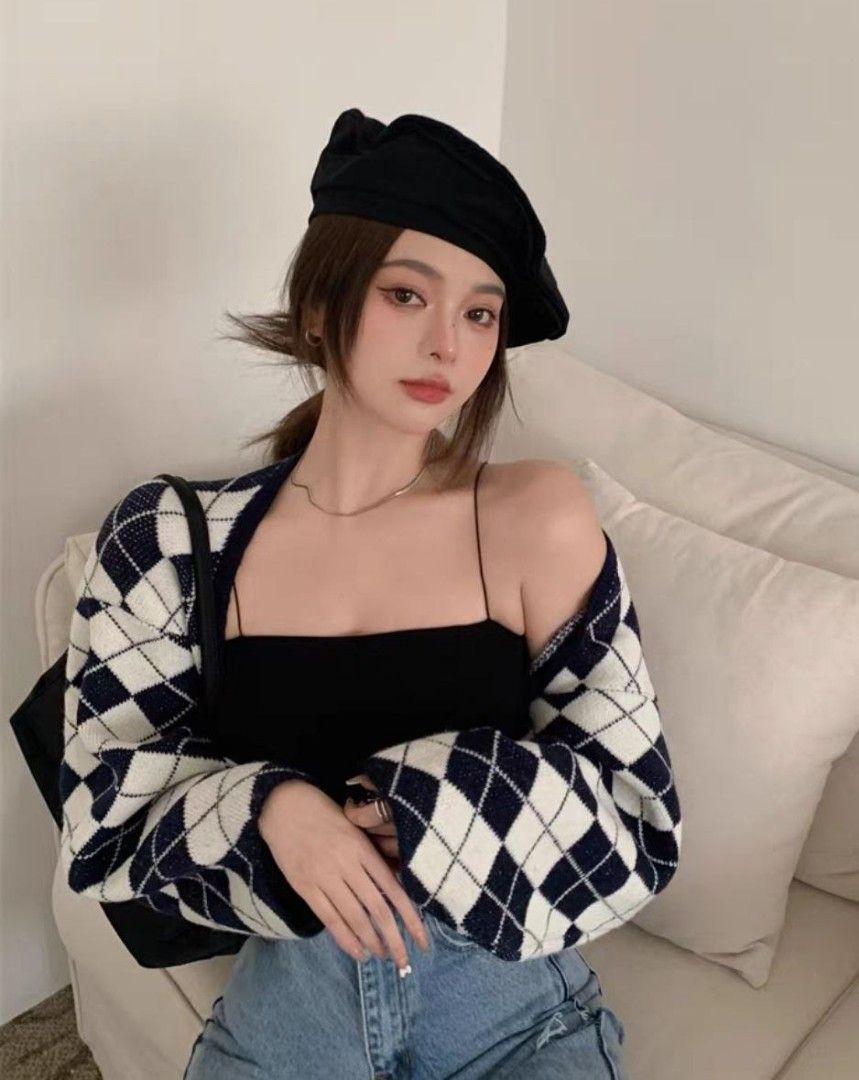Korean preppy argyle navy batwing cardigan Women s Fashion Coats Jackets and Outerwear on Carousell