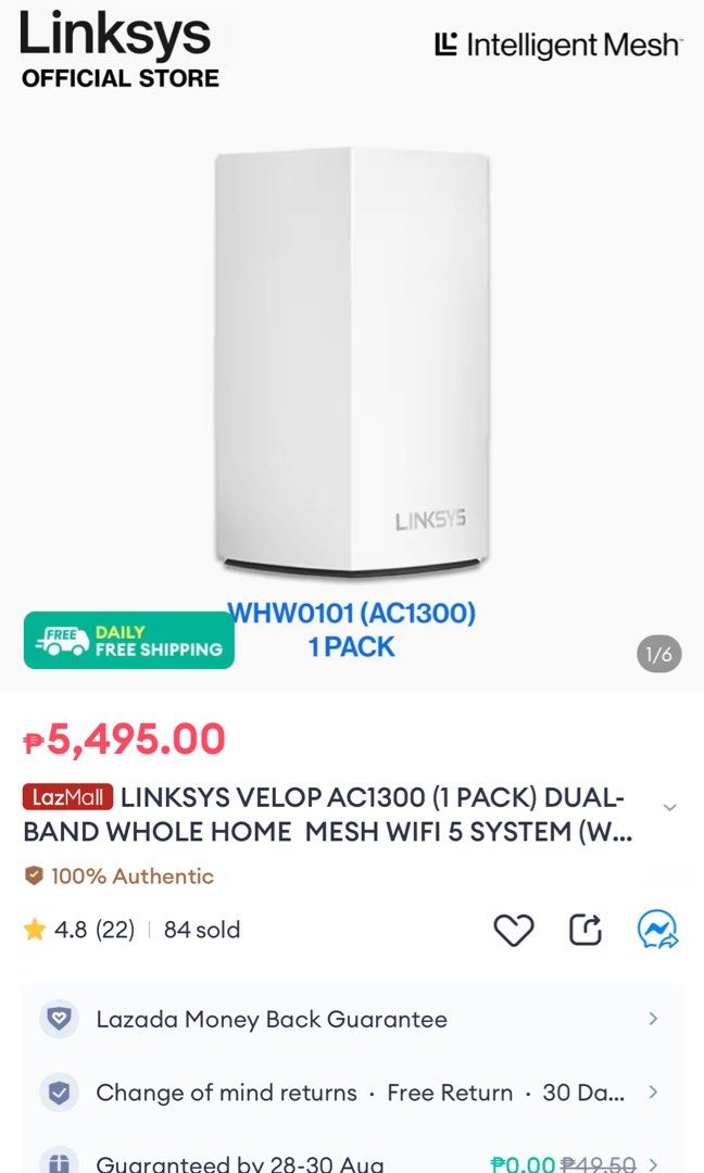 Linksys Velop AC1300 (Category: Networking) located in Quezon City. Submitted by iamjulienne (Listing ID 1321903490, Image 3). Description: Used Once just to test. Model WHW0101-AH Linksys Velop AC1300 Dual Band home Wifi 1 pc node MOP Gcash RFS: don’t need it Item ships from QC .