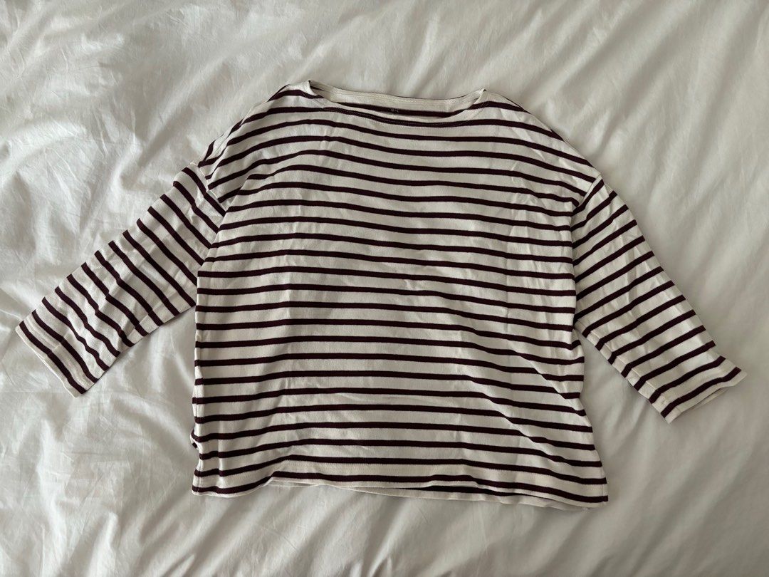 Maroon and white striped top | Muji (Category: Longsleeves) located in Makati City. Submitted by geministyle (Listing ID 1321927303, Image 2). Description: Maroon striped top from Muji. 3/4 length sleeves. Used but in good condition..