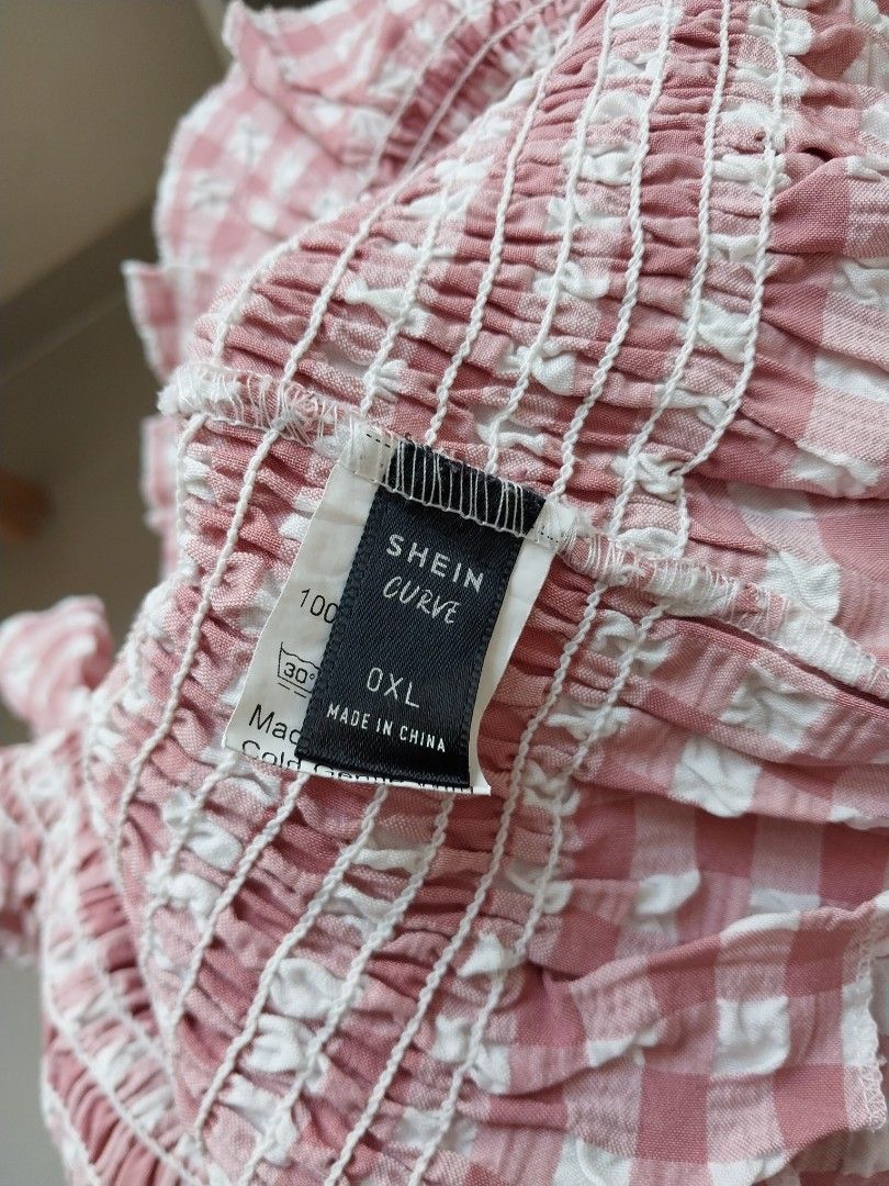 shein atasan ruffle pink one shoulder top picnic gingham blouse big size  not zara hm uniqlo pull and bear forever 21 ralph lauren charles and keith 