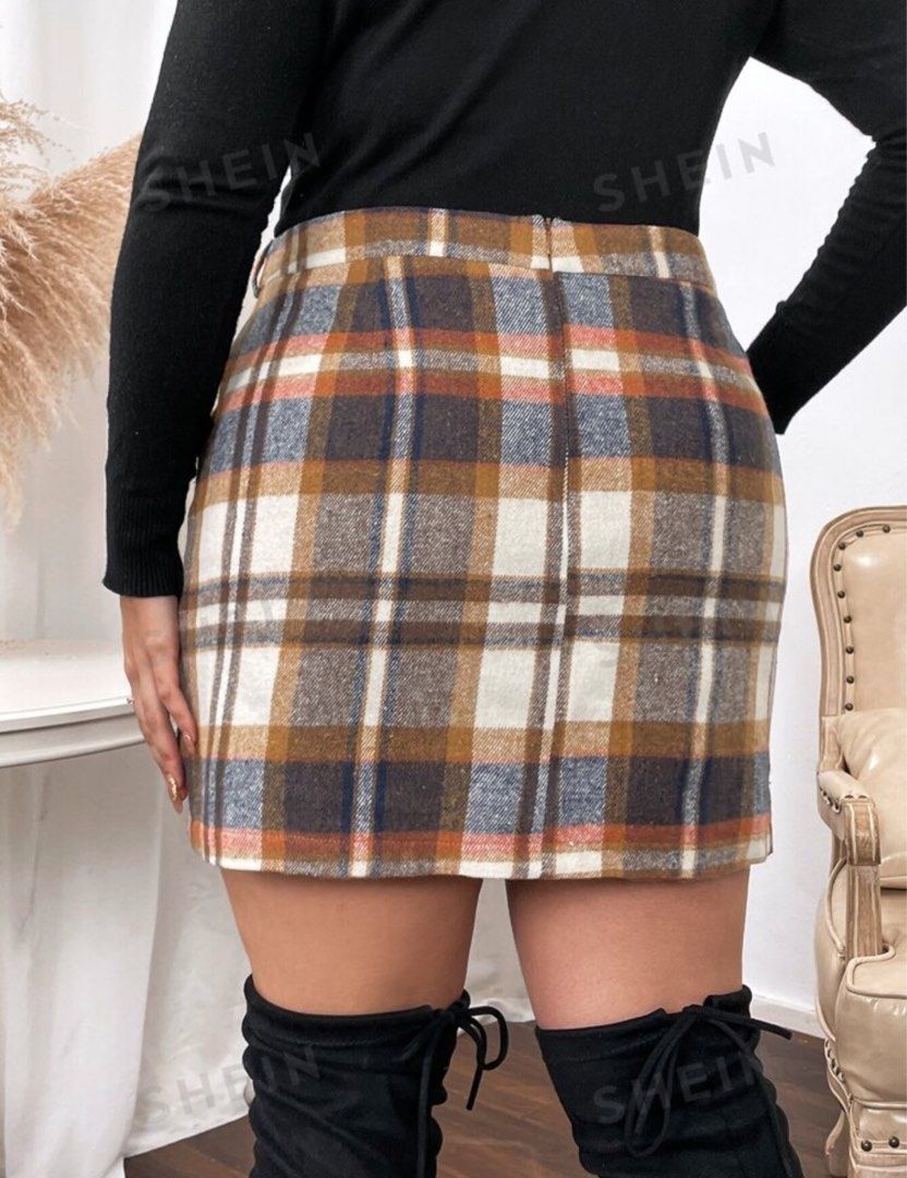 Brown plaid wrap skirt store