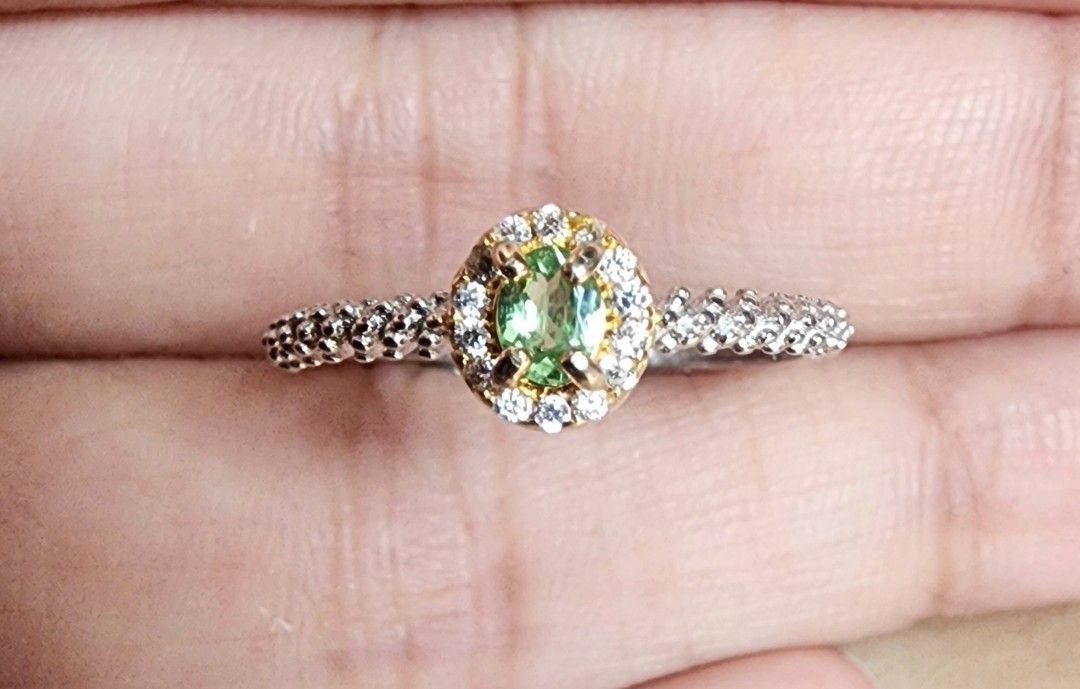 Tsavorite S925 ring (rare Green Garnet) (Category: Rings) located in Legazpi City. Submitted by JevOLshoppe (Listing ID 1321850172, Image 1). Description: Light Green Tsavorite is the rarest variety of the Garnet family, at least 100 times rarer than emerald. two tone S925 adjustable ring.