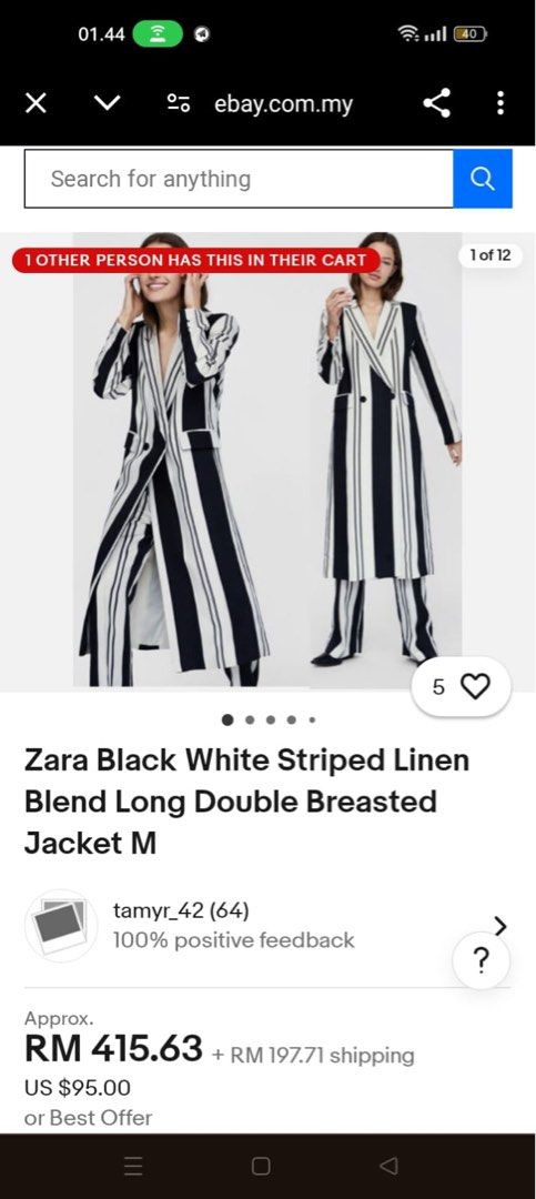 ZARA -Black White Striped Linen Blend Long Double Breasted Jacket M
