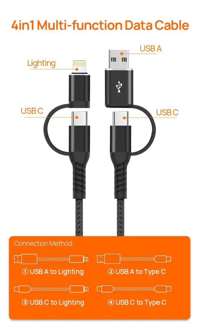 通用 4 合 1 多 USB 數據同步和充電適配器電纜，Lightning、USB Type-C、USB 連接器端口 bbsckp ...