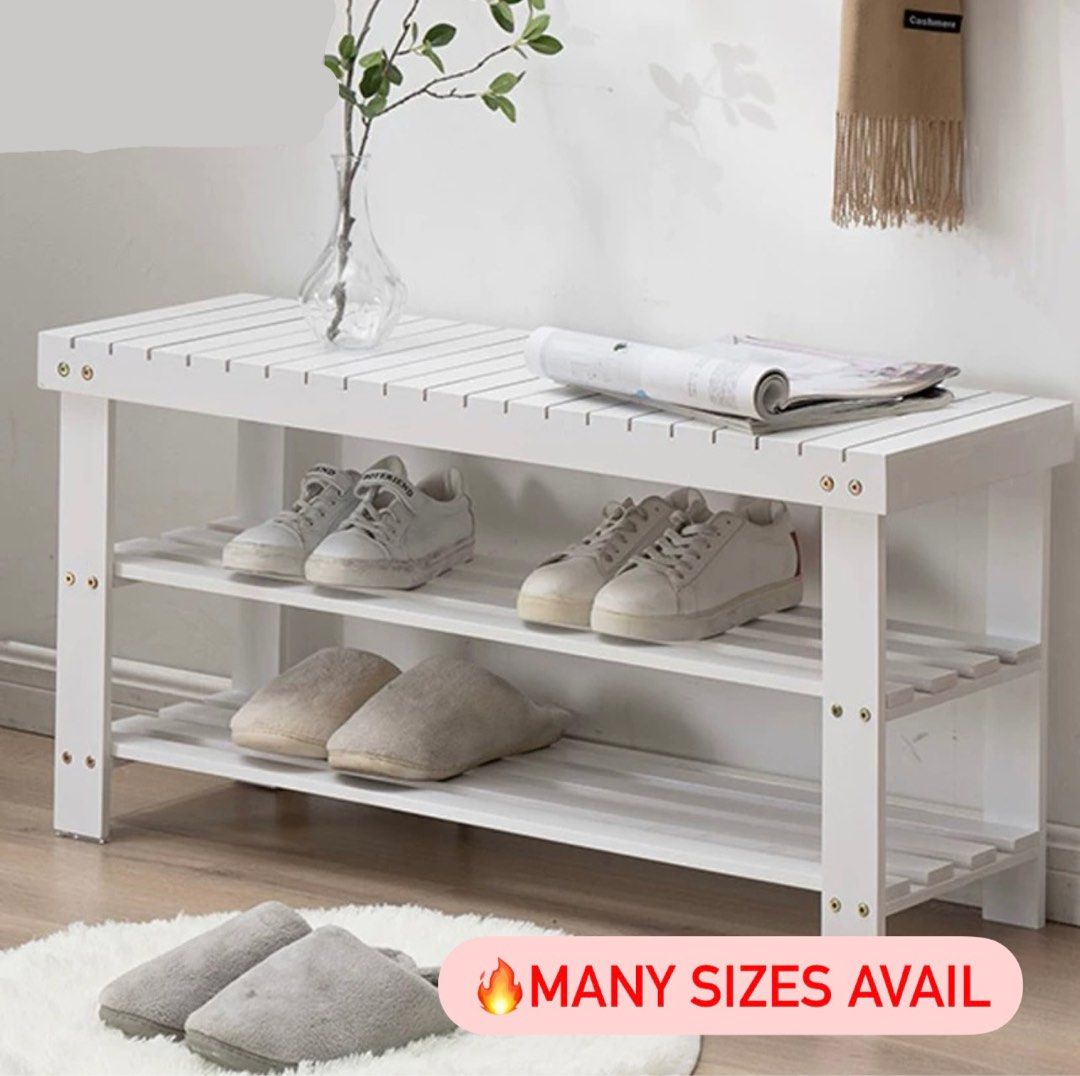 FREE COURIER Shoe rack bench bamboo wood white minimalist ikea muji inspired japandi standing display corridor bto small big storage living room balcony Furniture Home Living Furniture Shelves Cabinet...