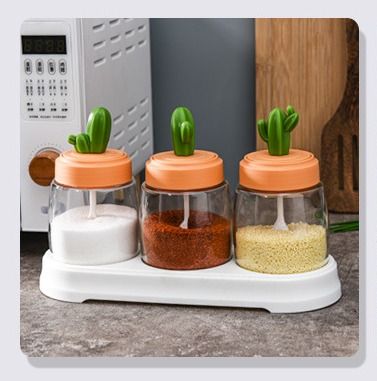 Adorable Fat Curved Cactus air tight spice container integrated spoon ...