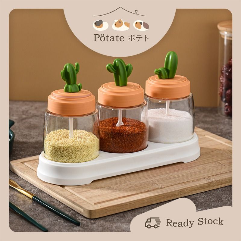 Adorable Fat Curved Cactus air tight spice container integrated spoon ...