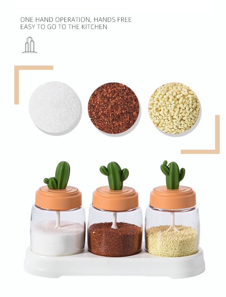 Adorable Fat Curved Cactus air tight spice container integrated spoon ...