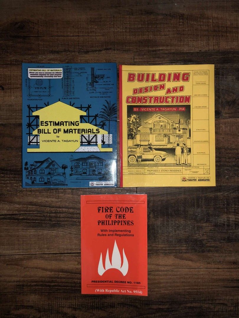 Architecture Books Set (Category: Textbooks) located in Makati City. Submitted by rozabelle_30 (Listing ID 1322088920, Image 1). Description: 1. Estimates Bill of Materials by Vincent A. Tagayun- 250 2. Building Design and Construction- 250 3. Fire Code of the Philippines (PD 1185)- 350 *All books used once only *All Covered with plastic *Sold AS SET only.