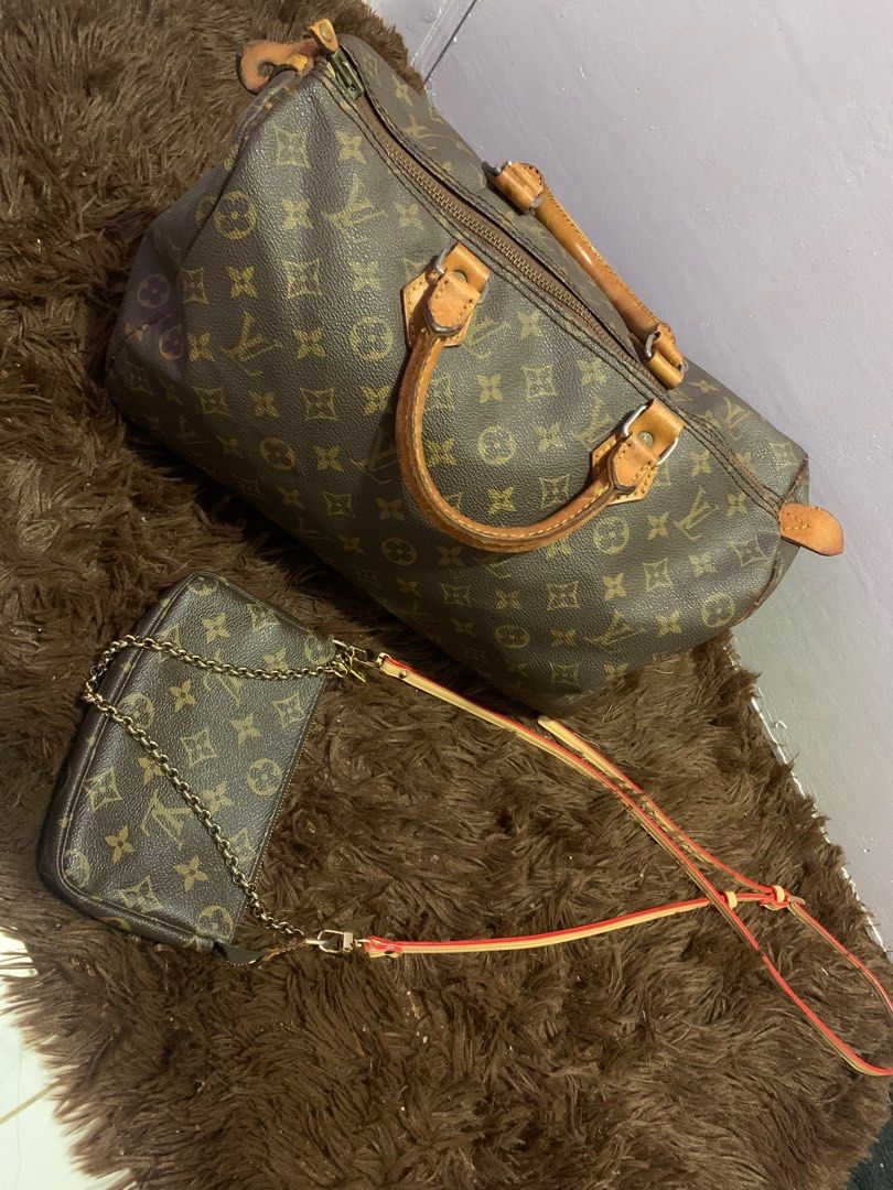 Authentic Louis Vuitton speedy 35 and mini pochette (Category: Luxury Bags & Wallets) located in Quezon City. Submitted by maefurio (Listing ID 1322048973, Image 2). Description: ‼️RUSH SALE‼️ All are authentic Free generic vachetta leather strap for mini pochette FREE✨ Authentic LV small wallet .