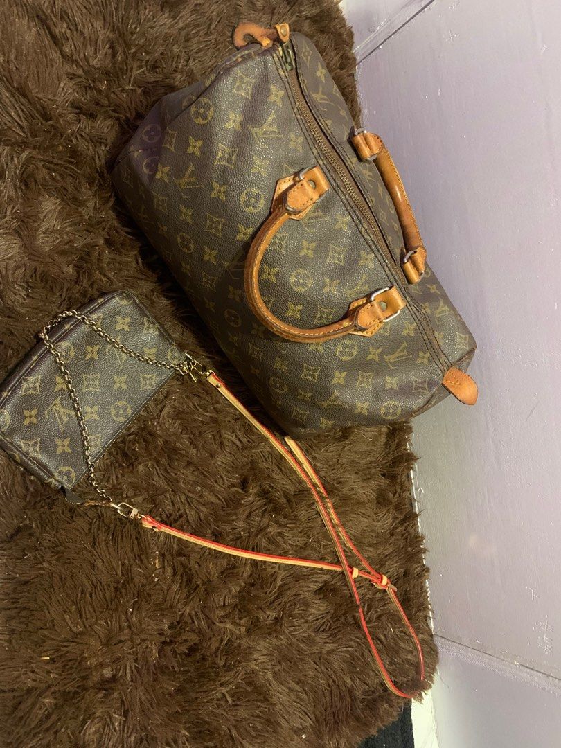 Authentic Louis Vuitton speedy 35 and mini pochette (Category: Luxury Bags & Wallets) located in Quezon City. Submitted by maefurio (Listing ID 1322048973, Image 1). Description: ‼️RUSH SALE‼️ All are authentic Free generic vachetta leather strap for mini pochette FREE✨ Authentic LV small wallet .