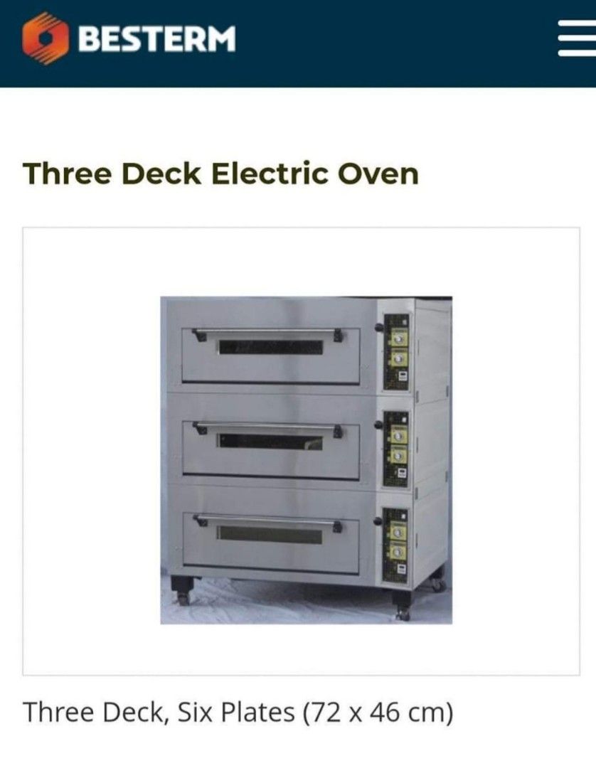 Besterm 3 deck electric oven (Category: Ovens & Toasters) located in Marikina City. Submitted by mavicg (Listing ID 1322112982, Image 1). Description: 3 deck, 6 plates 72x46 cm. Used but not abuse, in very good condition. Negotiable.