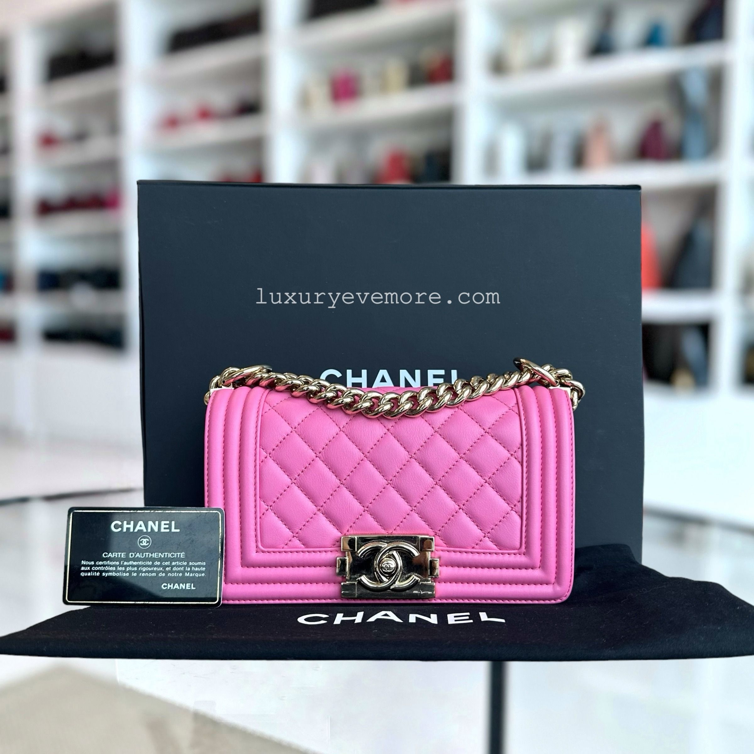 Calfskin Chanel Boy Small 20CM Quilted Calfskin Sakura Pink Leboy Golden Hardware Series 26