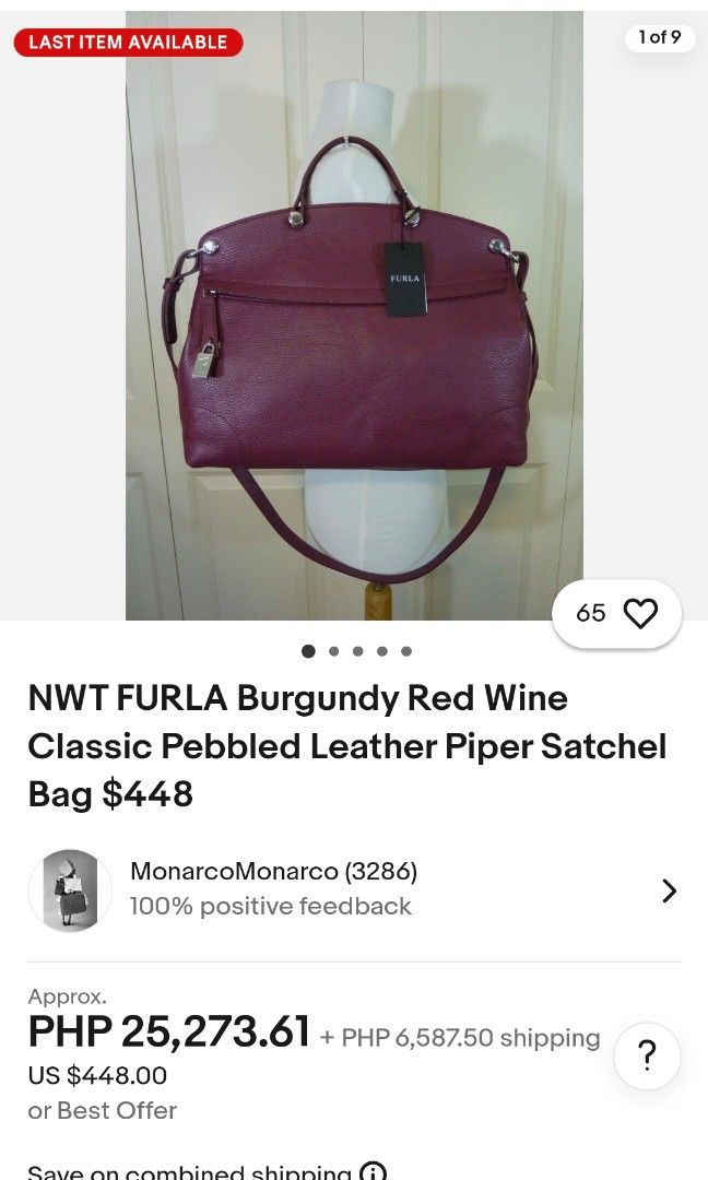 FURLA Piper bag (large) (Category: Luxury Bags & Wallets) located in Pasig City. Submitted by preloved_ramen21 (Listing ID 1322041240, Image 2). Description: brand: Furla design: 2-way bag color: birgundy; wine red size: large measurement: 15"x13" inclusion: dustbag only, no lock shipping: c/o buyer.
