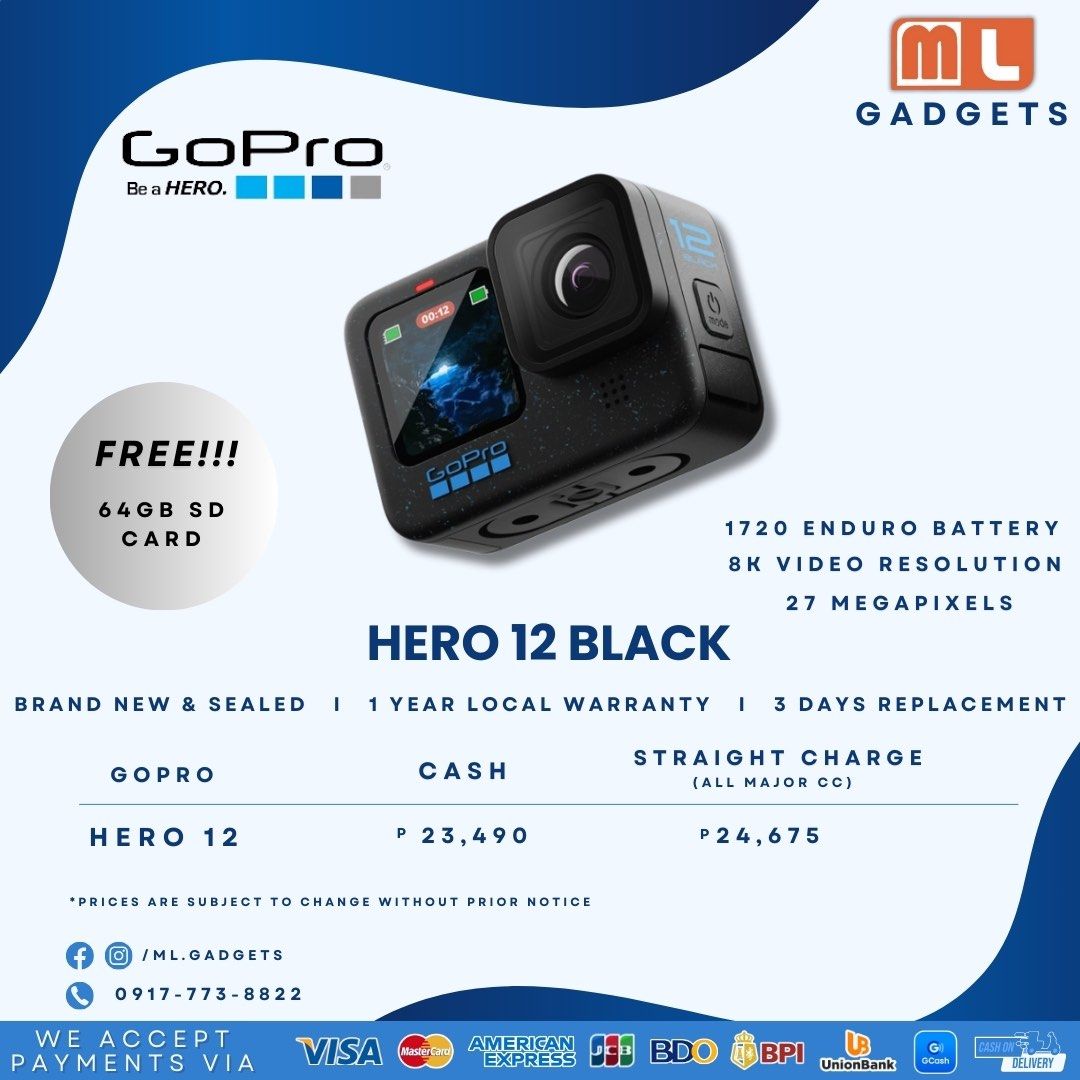 GoPro Hero 12 Black (Category: Video Cameras) located in Makati City. Submitted by ml.gadgets (Listing ID 1322113539, Image 1). Description: GoPro Hero 12 Black - Brand New and Sealed - 3 days shop replacement warranty - 1 year warranty ✅ C.O.D. | C.O.P. ✅ Credit Card (Straight | Installment) (Straight - any major credit card) (Installment - BDO issued credit card ONLY) ✅ Online | Bank Transfer ❌Layaway ❌Cash installment .