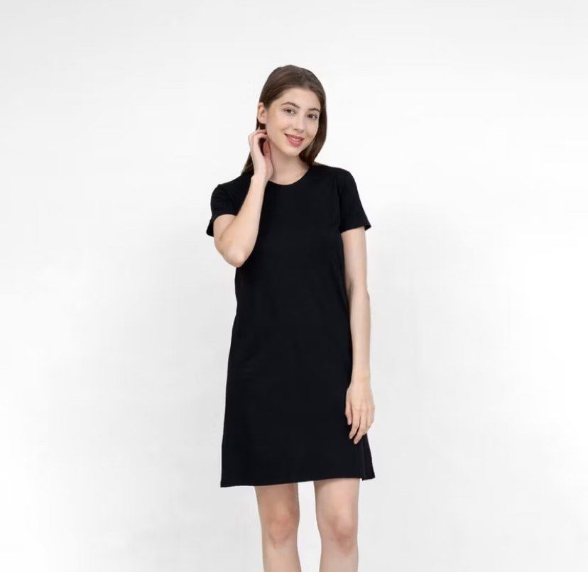 LEMONE Dress Lengan Pendek Kaos Polos Rayon Spandek Kasual Wanita