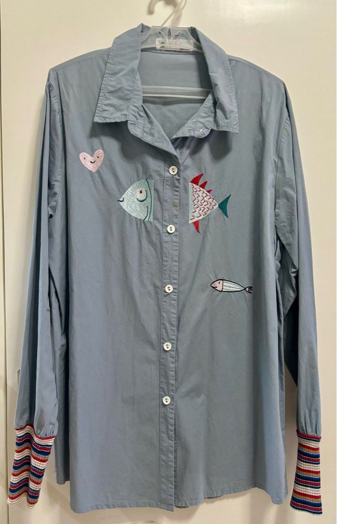 Light denim blue longsleeves with embroidered design (Category: Longsleeves) located in Pasig City. Submitted by aac2021 (Listing ID 1322089465, Image 2). Description: RFS: Decluttering Dimension : Bustline - 42 inches Length - 26.5 inches Korean brand.