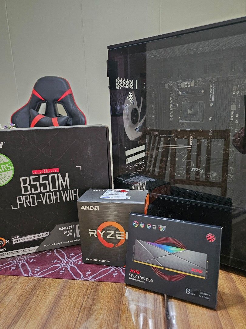 Partial PC System (Category: Computer Parts) located in Singapore. Submitted by cyrus_xx (Listing ID 1322101974, Image 1). Description: Partial Gaming PC. Items included : MSI B550 Pro-VDH wifi Motherboard AMD stock cooler XPG Spetrix D50 RGB DDR4 3600 RAM (8gb x 2) Tecware Micro ATX case with 2 ARGB fans LG 1080p 24" gaming monitor. 144hz (TN Panel) Support up to Ryzen 5000 series CPUs 1-1 Trade with Xbox Series S Self collect only or arrange yo
