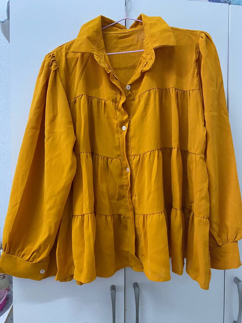 Mustard ruffle blouse deals