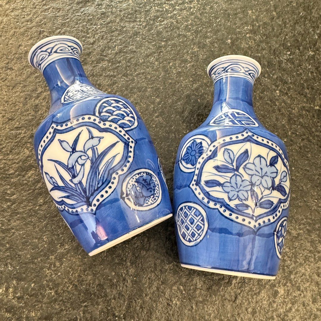 00788WS 日本有田燒華山作手繪青花蘭花酒器組套清酒杯花瓶（2酒