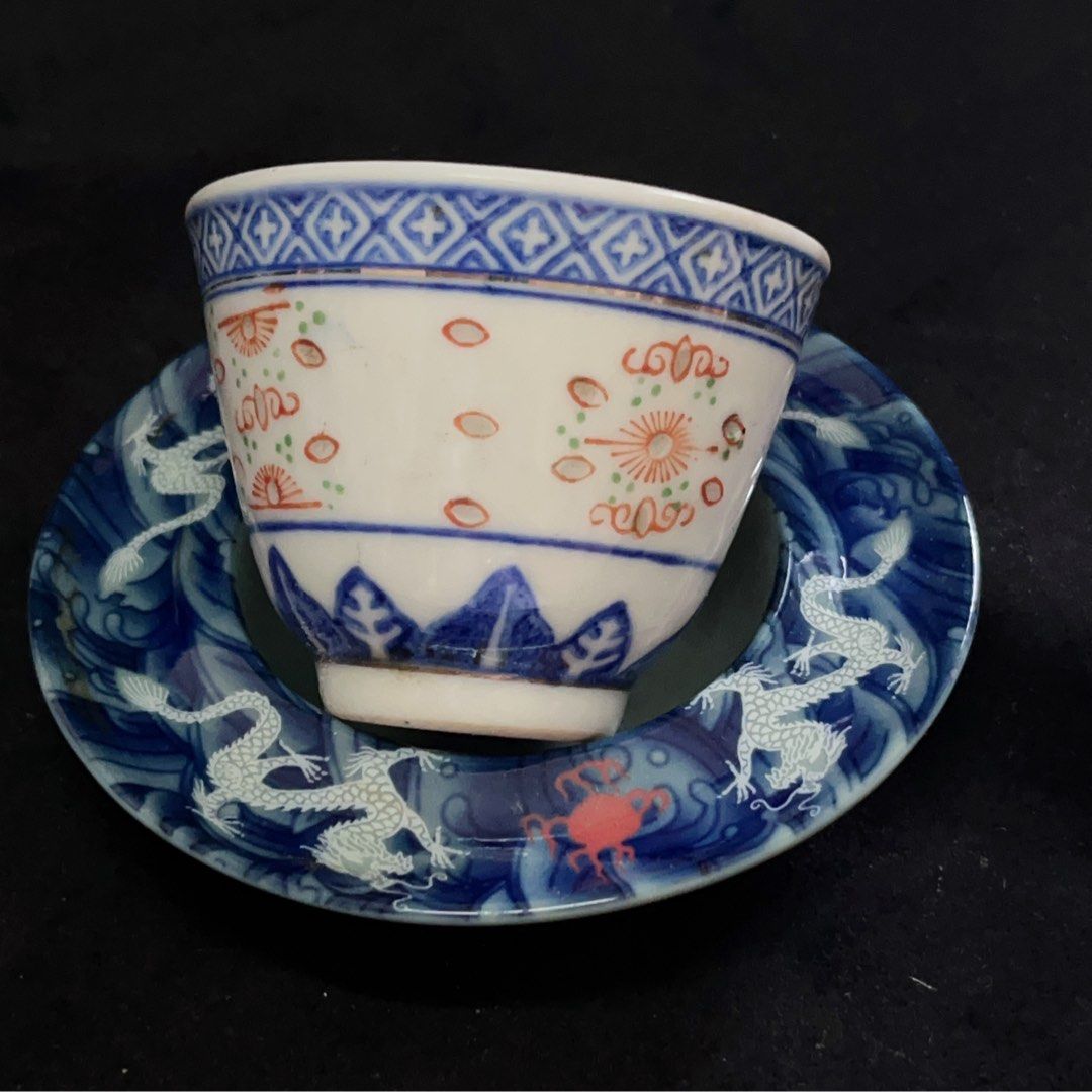 青花 玲瓏盃 茶盃 景德鎮瓷器青花玲瓏加彩龍紋茶盅茶杯罕見款@qc1219#, 家具及居家