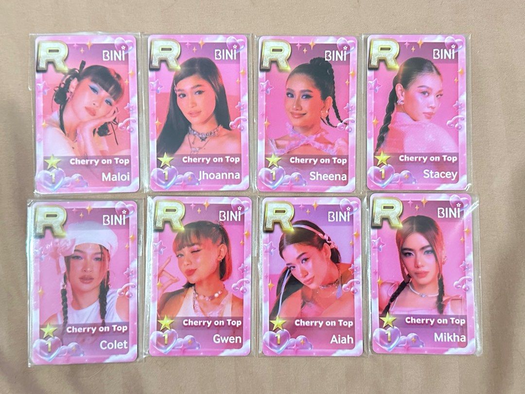 BINI CHERRY ON TOP COMPLETE SET PHOTOCARDS AUTHENTIC WITH FREE SLEEVES (Category: K-Wave Merchandise) located in Morong. Submitted by deegee1234 (Listing ID 1322338581, Image 1). Description: Superstar PH / SSP Photocard Complete set Excess cards available 1k each (Gwen 2pcs).