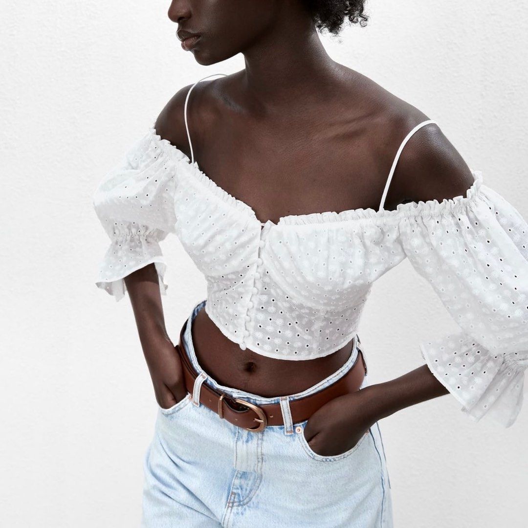 BNWT Zara Embroidered Eyelet Off Shoulder Crop Top with Puffy Sleeve In Cream Women s Fashion Tops Blouses on Carousell