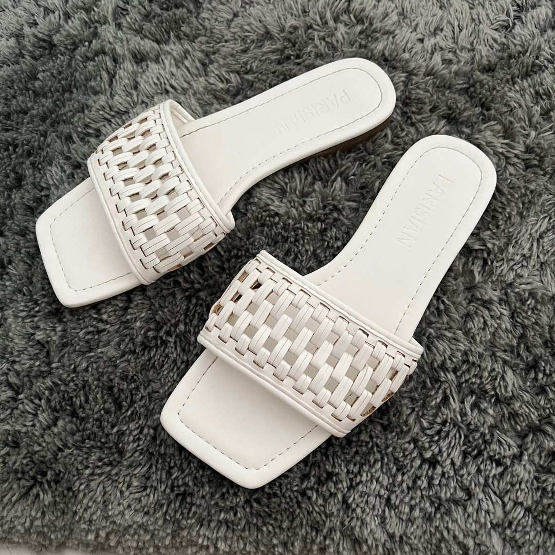 parisian white woven flat sandals, Women's Fashion, Footwear, Sandals ...