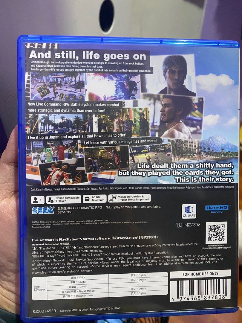 PS5 - Yakuza Like a Dragon Infinite Wealth (Category: PlayStation) located in Navotas City. Submitted by micakyou04 (Listing ID 1322207155, Image 2). Description: FOR SALE ❗️❗️ 💙 PS5 - 1,699 php only!💙 -100% GUARANTEED ORIGINAL FROM DATA BLITZ 💯💯 -No issue -Super Smooth USED ONCE ONLY ❗️❗️ 1,699.00 ONLY ❗️❗️ .