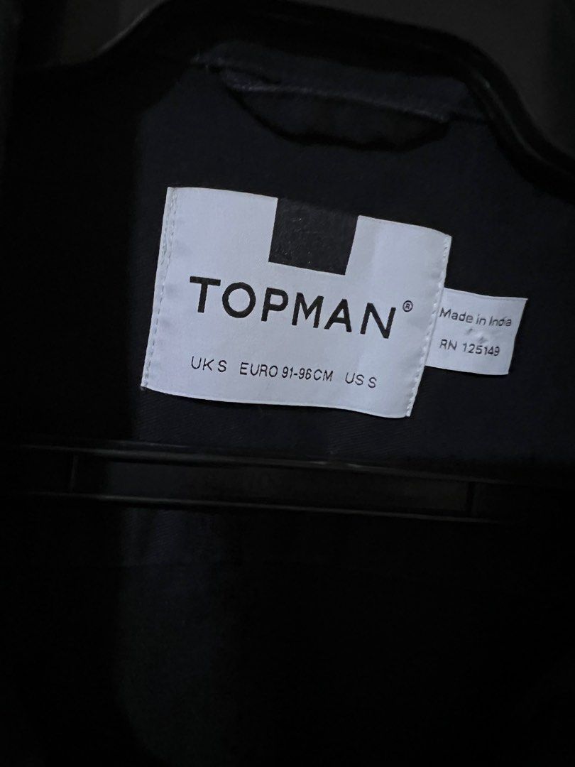 Topman jacket (Category: Coats, Jackets and Outerwear) located in Makati City. Submitted by basicprojects (Listing ID 1322298027, Image 2). Description: Worn only a couple of times and kept. Still in good condition and needs a new stylish owner. Black but looks more navy Shoulder 17in Width 20in Length 24.5in Sleeve length 23in.