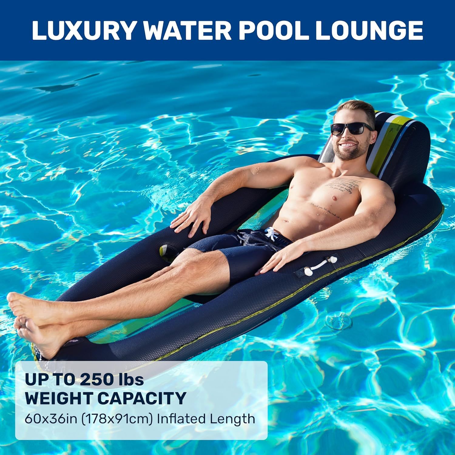 Aqua Luxury Water Pool Lounge Extra Large Inflatable Pool Floats for Adults with Headrest Backrest Footrest Cupholder Multiple Colors Styles XL Luxury Lounge Navy Green White Stripe Sports Equipment O...